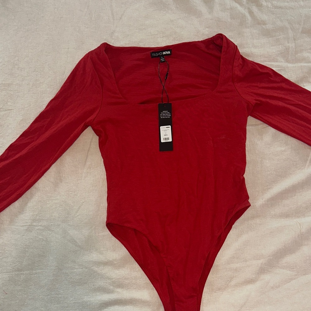 Fashion Nova Red Long Sleeve Square Neck Bodysuit